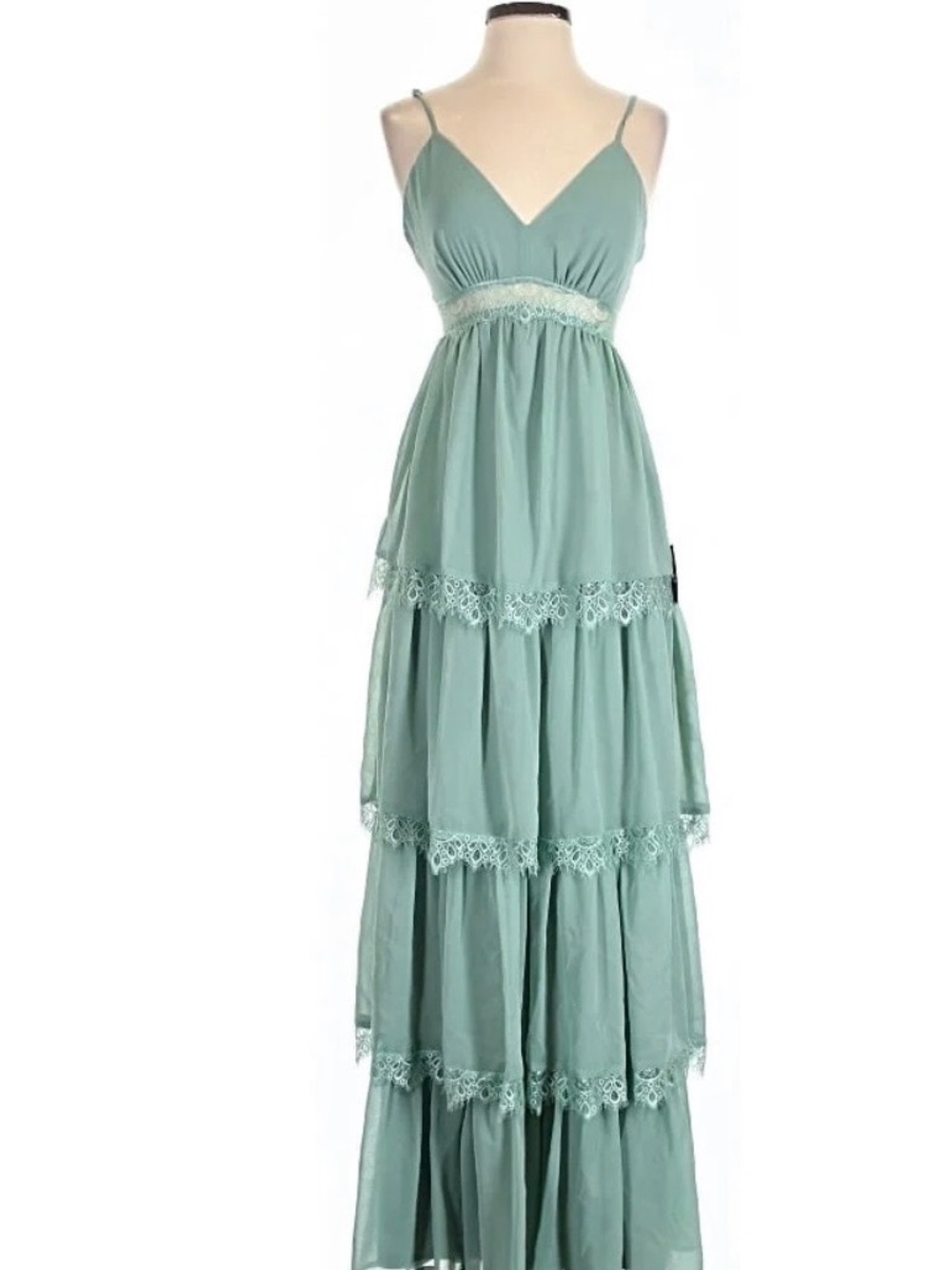 Lulu's Mint Green Tiered Lace-Trim Maxi Dress
